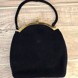 694 Black Elegant Suede Evening Bag Small Purse  Kiss Lock Gold Clasp 7.5" X 7"